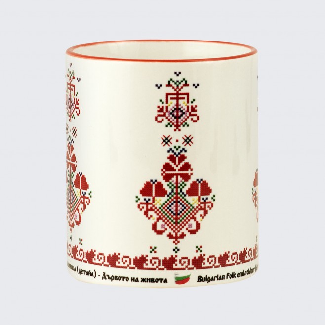 A cup decorated with embroidery from Bulgaria  - The Tree of Life, white