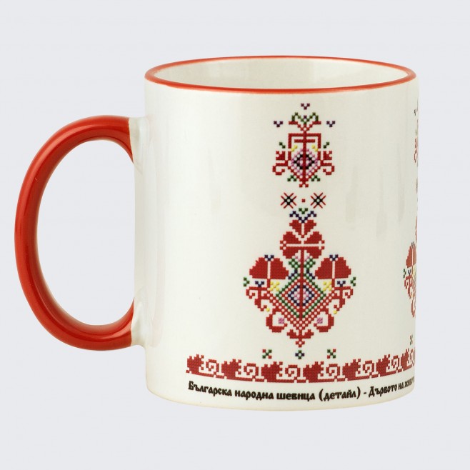 A cup decorated with embroidery from Bulgaria  - The Tree of Life, white