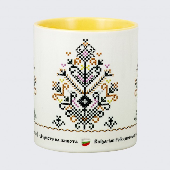 A cup decorated with embroidery from Bulgaria  - The Tree of Life - yellow