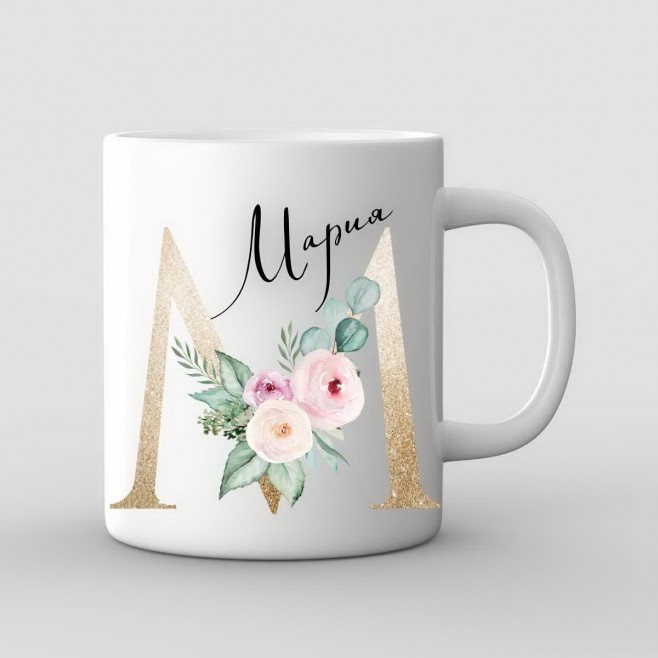 Mug with name and letter with flowers - model 3