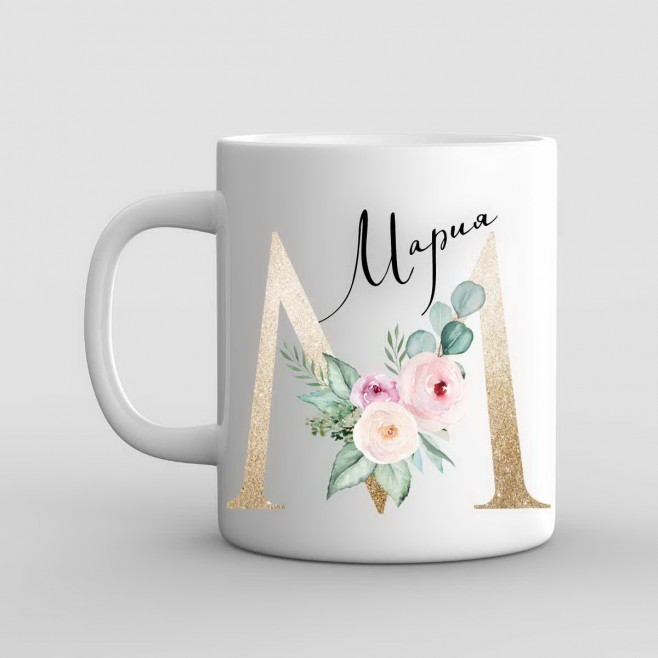 Mug with name and letter with flowers - model 3