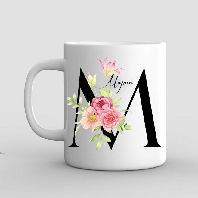 Name day mug letter with flowers - model 1