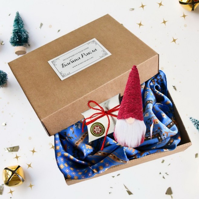 Christmas Box: Scarf Kanatitsa-blue, candle with luck and Christmas Gnome