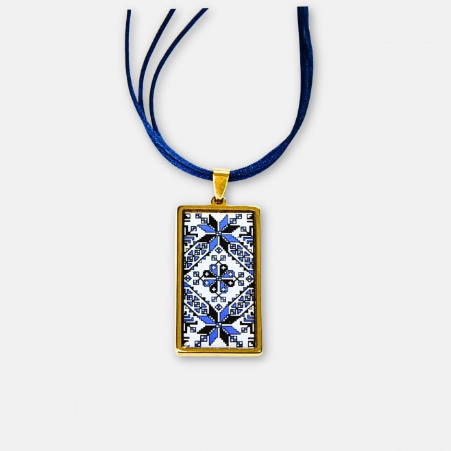 Gold-Plated Necklace with Bulgarian Embroidery Boryana in Blue