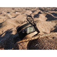 Moon stone bracelet, hematite and pendant of Rhodope quartz, eco leather