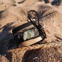 Moon stone bracelet, hematite and pendant of Rhodope quartz, eco leather