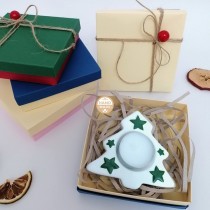 Мини кутия Коледен свещник Елха - бяла със зелени звезди