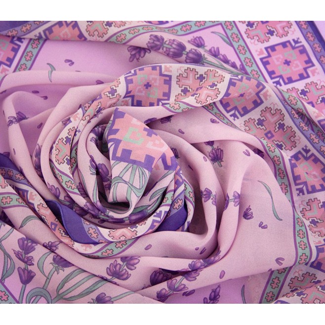 Silk Scarf Lavender and Embroidery Pink 90/90