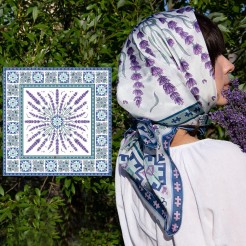 Silk Scarf Lavender and Embroidery white 90/90