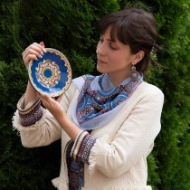 Scarf with Troyan Pottery and Embroidery Motives - blue, 160/45