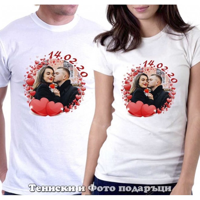 Set of T-shirts for couples in love with a photo and the caption 14.02
