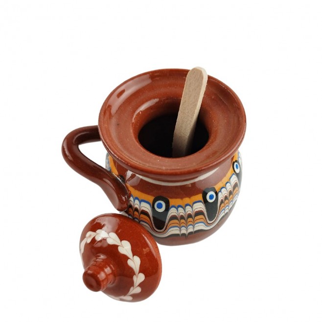 A little jar with a spoon for honey/spices  Troyan pottery