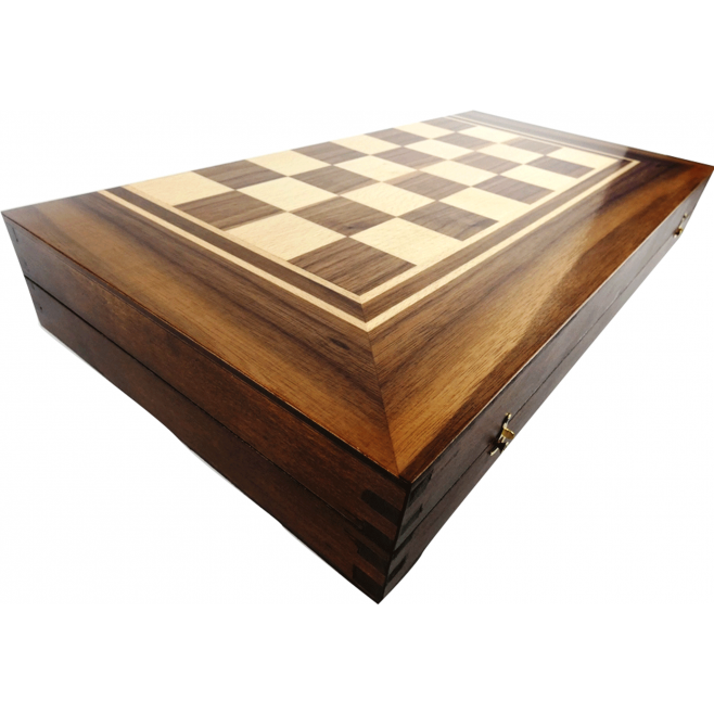 Кутия за шах и табла с естествен фурнир тъмен орех и бук 48 см