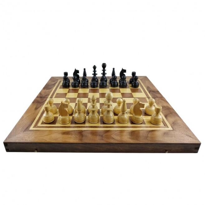 Chess and backgammon set 48 cm, natural veneer dark walnut and beech