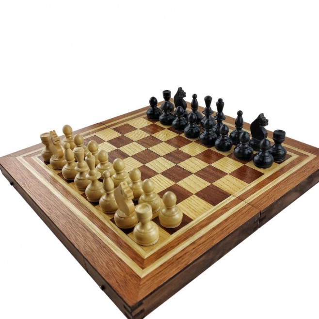 Chess and backgammon set 34 cm, natural mahogany and beech veneer