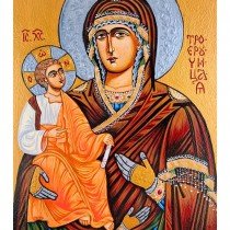 ГОЛЯМА РЪЧНО РИСУВАНА ИКОНА СВЕТА БОГОРОДИЦА ТРОЕРУЧИЦА